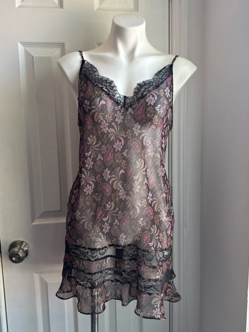 Victoria's Secret Black Sheer Floral Slip with Pink Accents